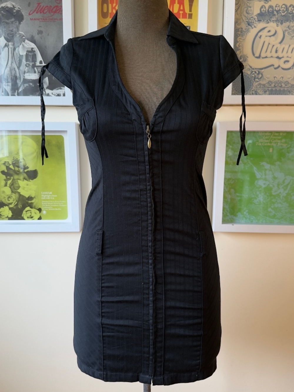 Black Pinstripe Zip-Front Mini Dress | Corset-Seamed Collared Bodycon | Y2K